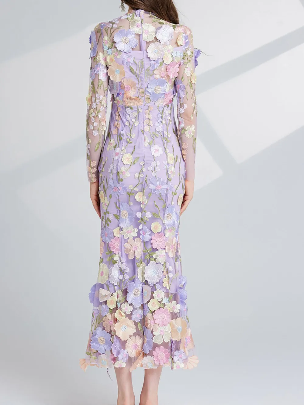 Floral Embroidered Mesh Long Sleeve Midi Dress, image 7