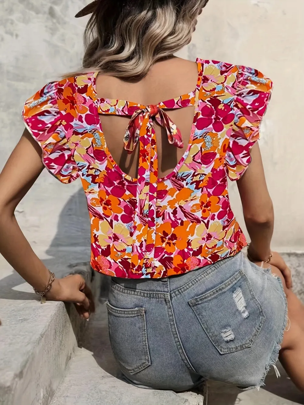Printed V-Neck Cap Sleeve Blouse