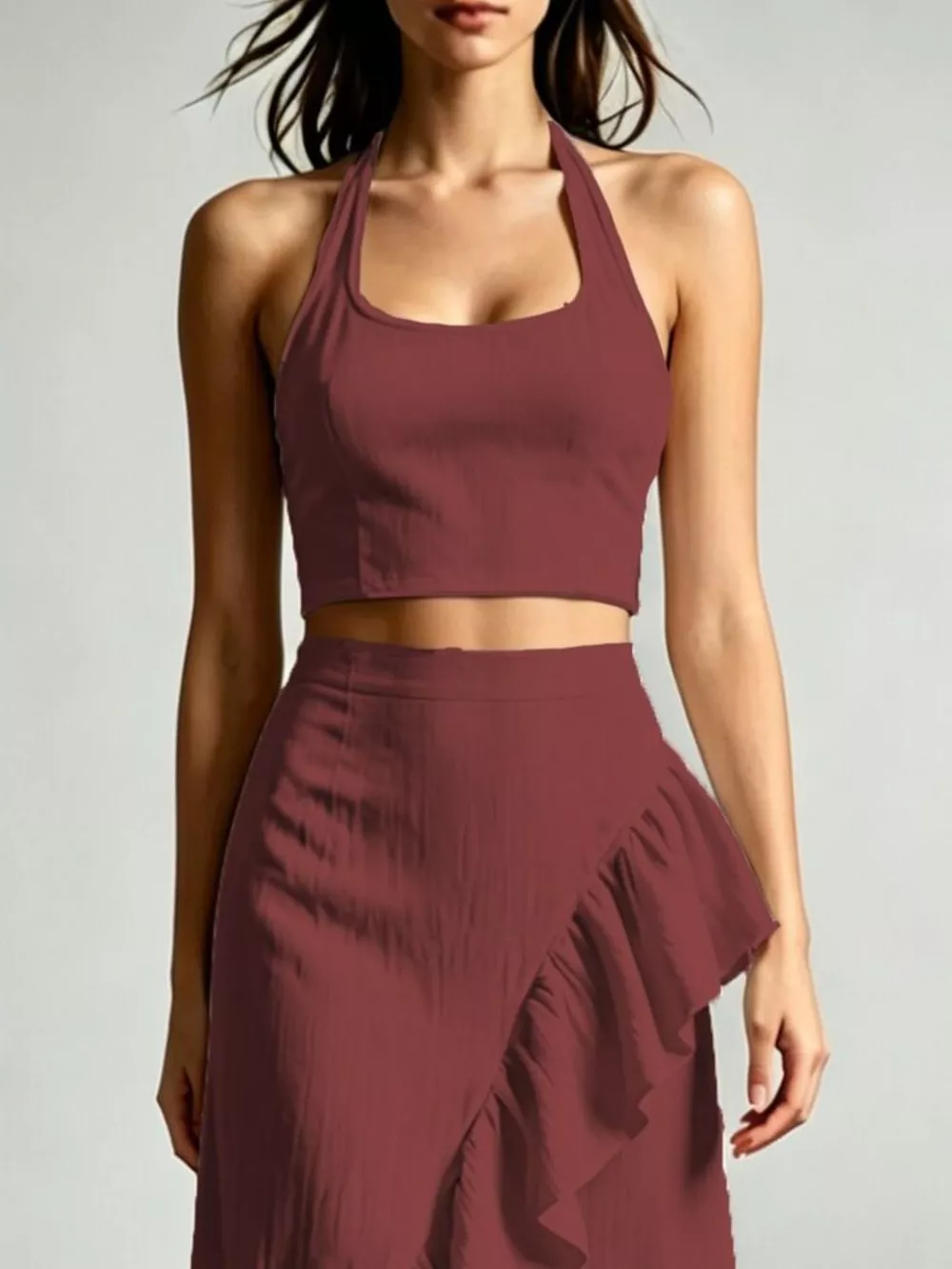 Halter Neck Crop Top and High-Low Maxi Skirt Two-Piece Set, image 11