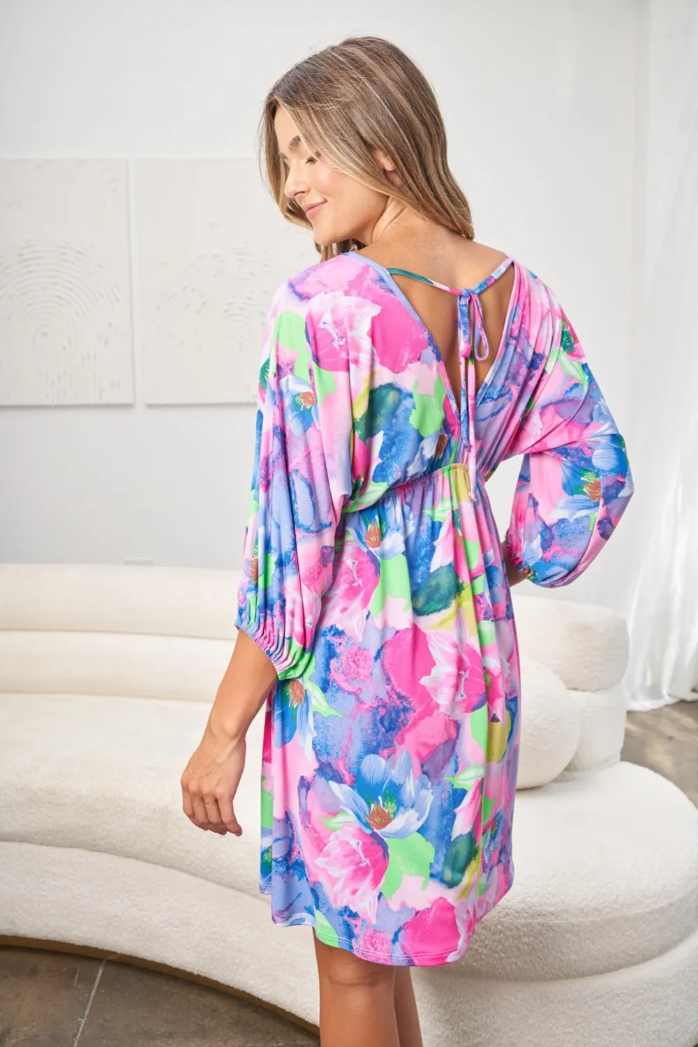 Full Size Printed V-Neck Tie Back Mini Dress, image 2