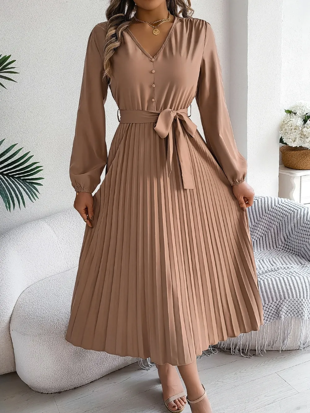 Pleated Tied V-Neck Long Sleeve Dress, image 2