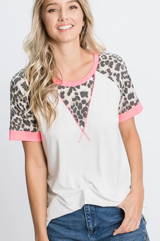Full Size Leopard Round Neck Short Sleeve T-Shirt with Stitch Plus Size, image 6