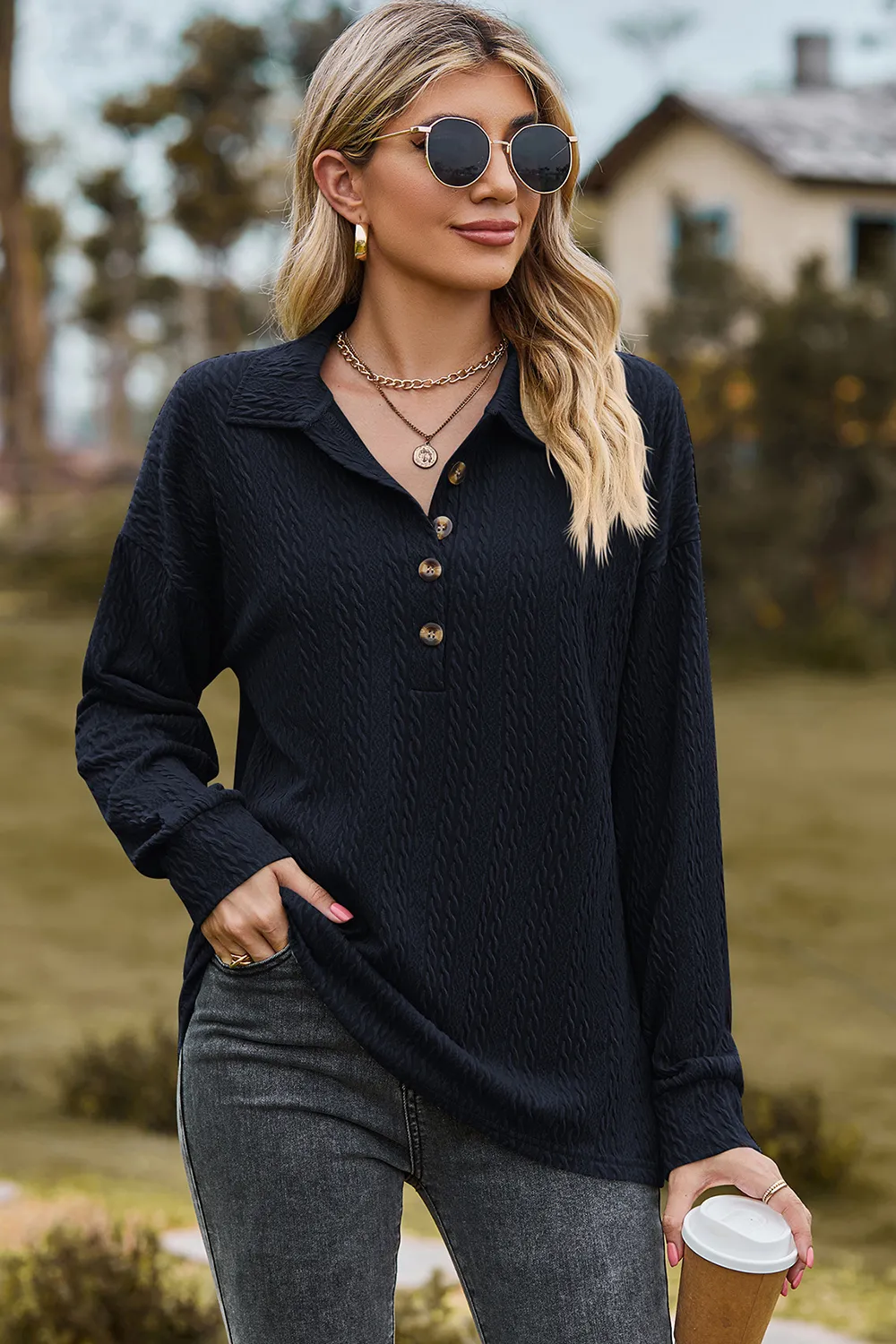 Half Button Dropped Shoulder Blouse, image 22