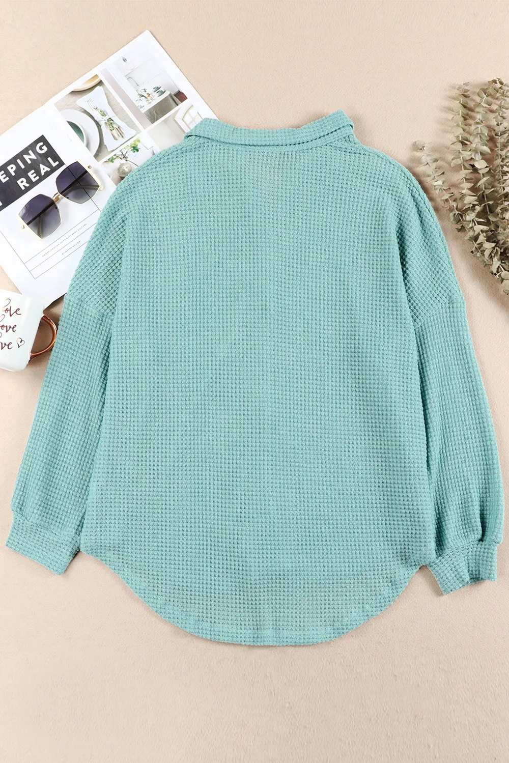 Waffle-Knit Collared Neck Long Sleeve Shirt, image 14
