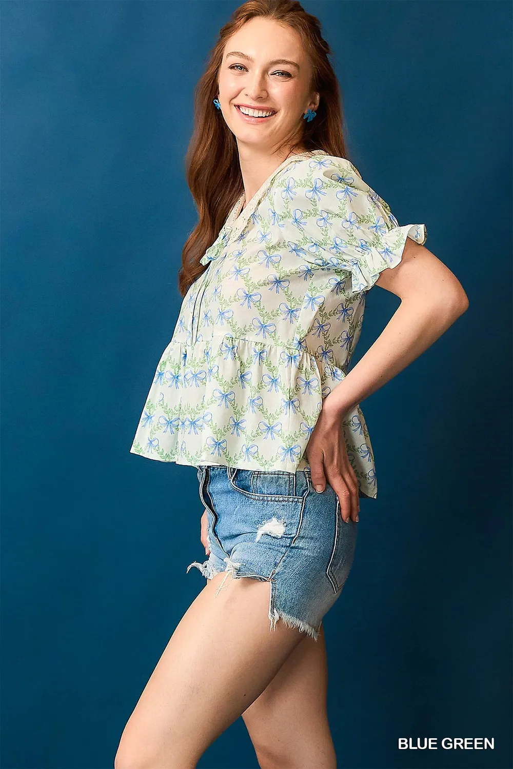Lace Detail Bow Print Flounce Sleeve Blouse, image 2