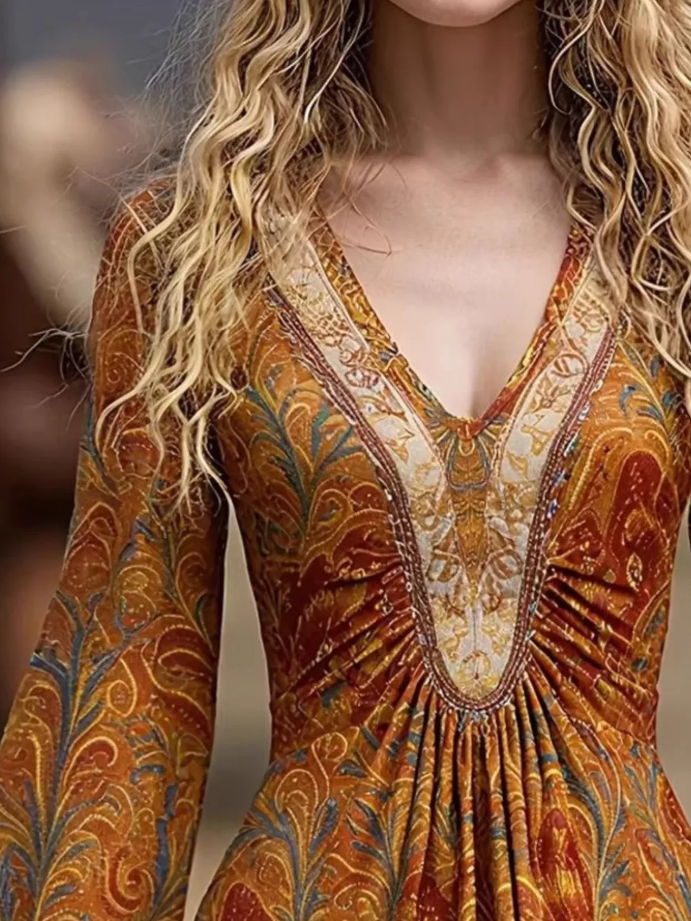 Printed V-Neck Flare Sleeve Dress, image 3
