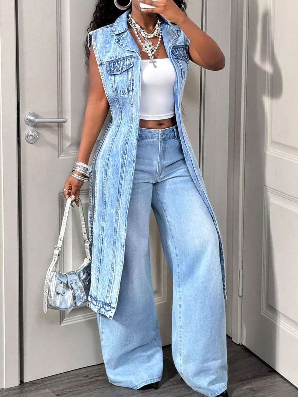 High-Low Open Front Denim Vest, image 6