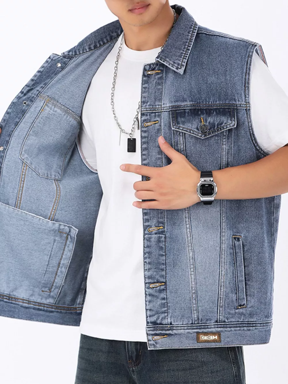 Men's Plus Size Vintage Washed Sleeveless Denim Vest, image 5