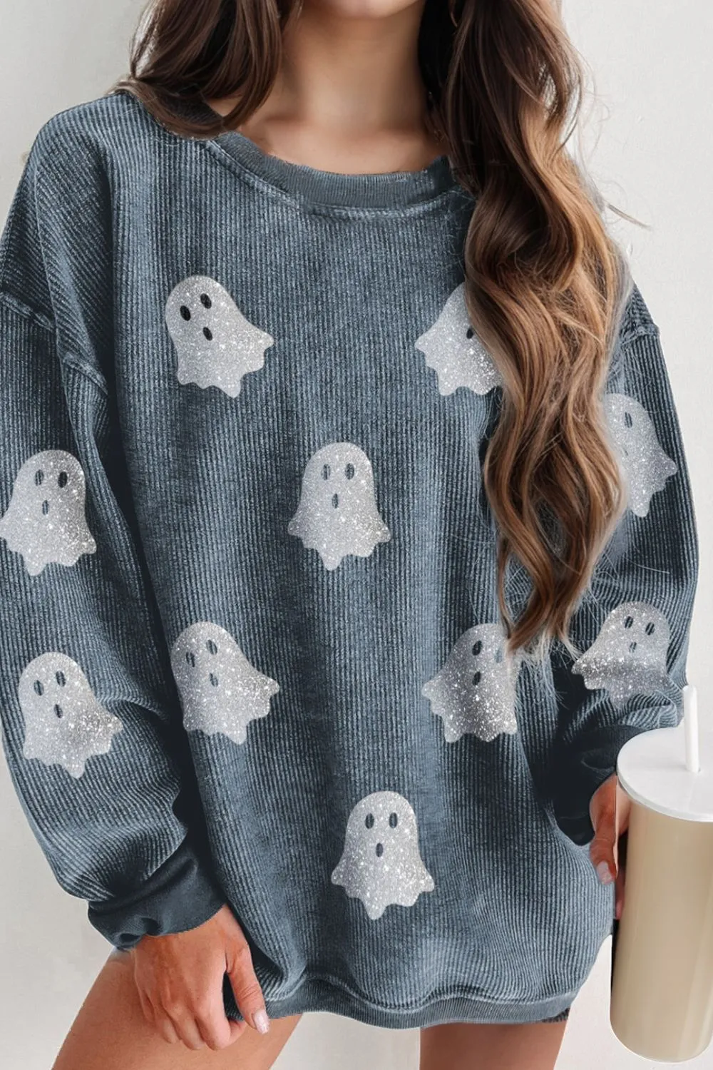 Glitter Ghost Round Neck Long Sleeve Sweatshirt, image 5