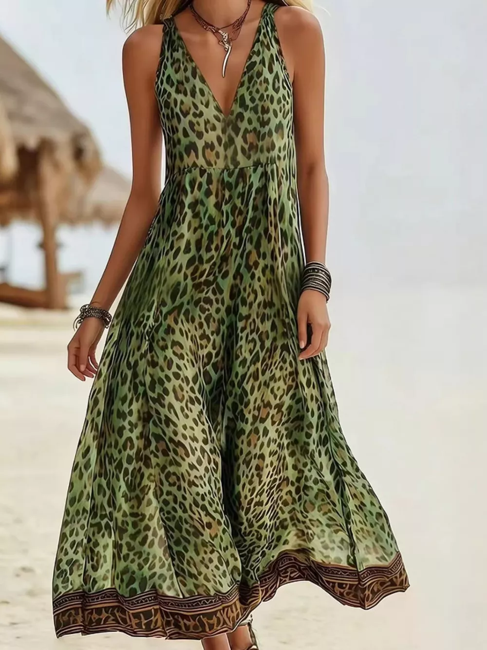 Leopard Print V-Neck Midi Dress, image 2