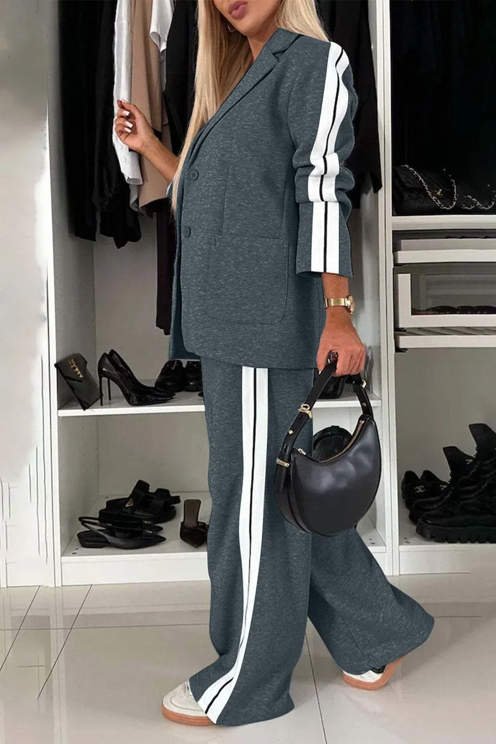 Full Size Contrast Lapel Collar Top and Pants Set, image 9
