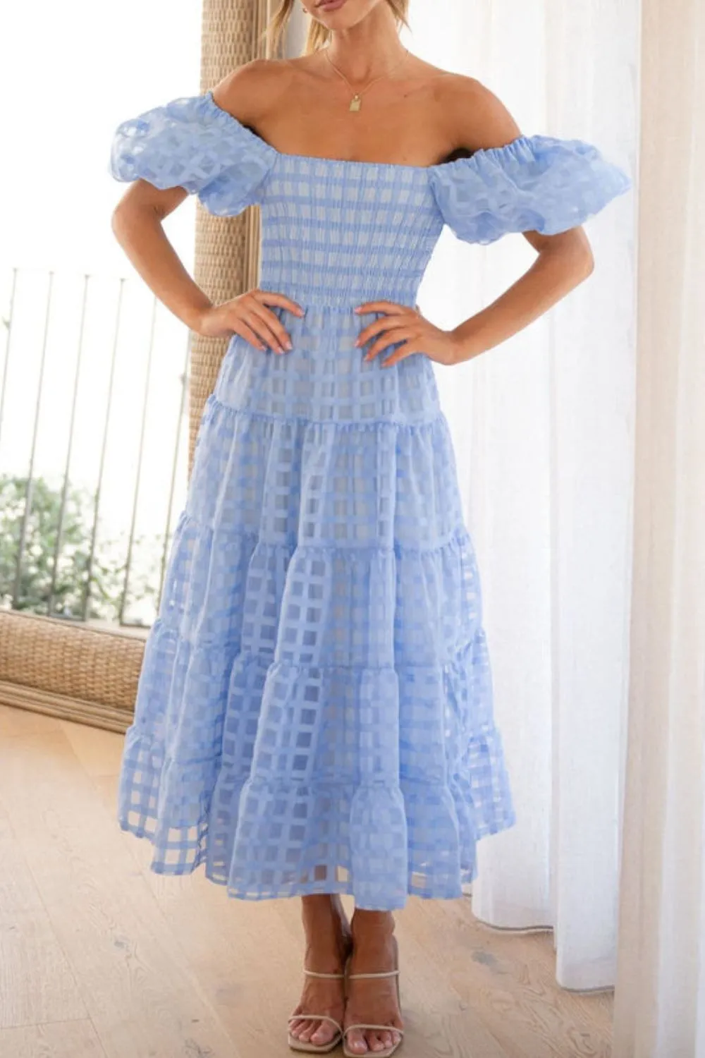 Off Shoulder Short Puff Sleeve Midi Dress, image 10
