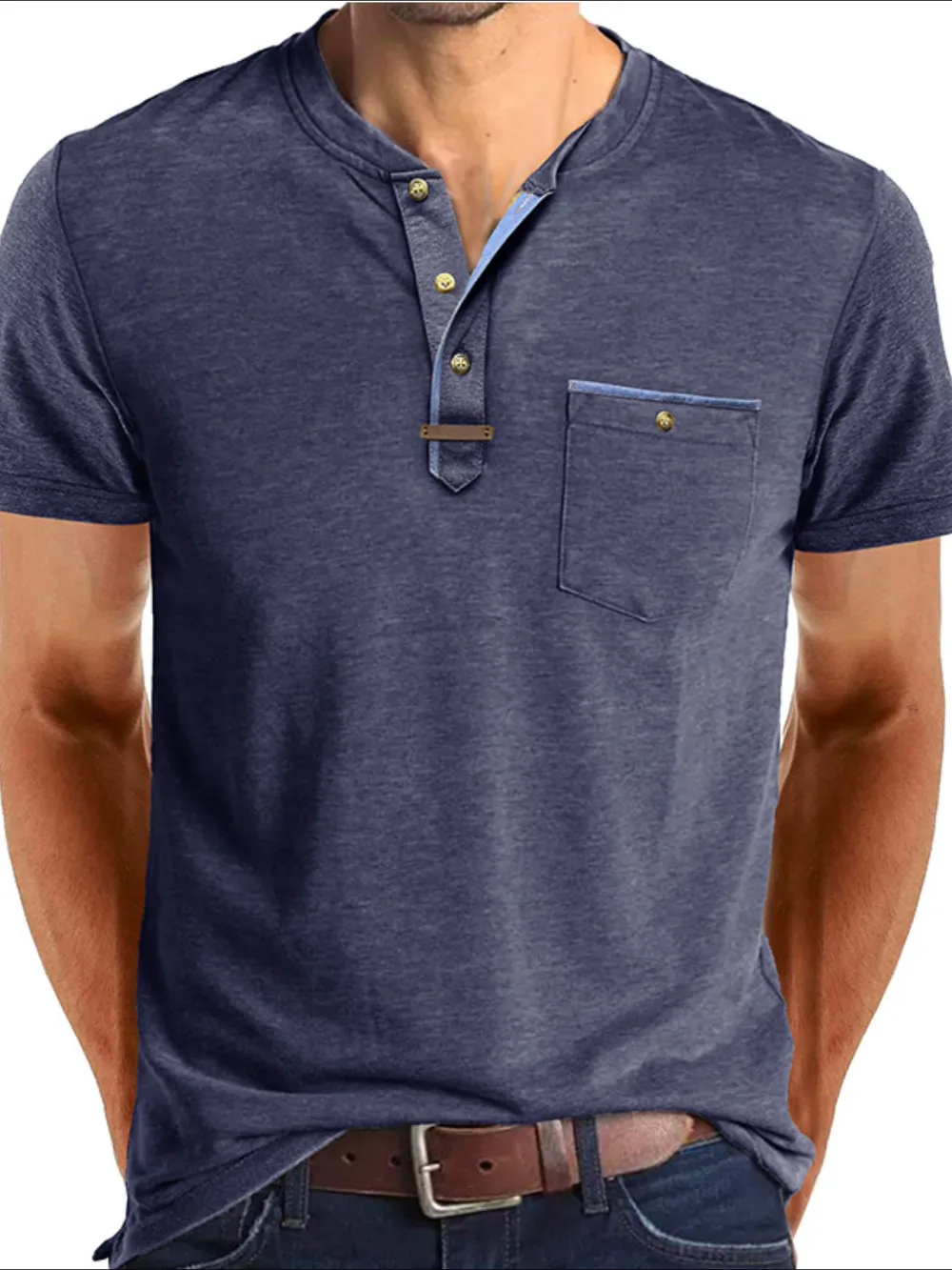 Men's Full Size Short Sleeve Henley Polo with Contrast Trim Plus Size, image 4
