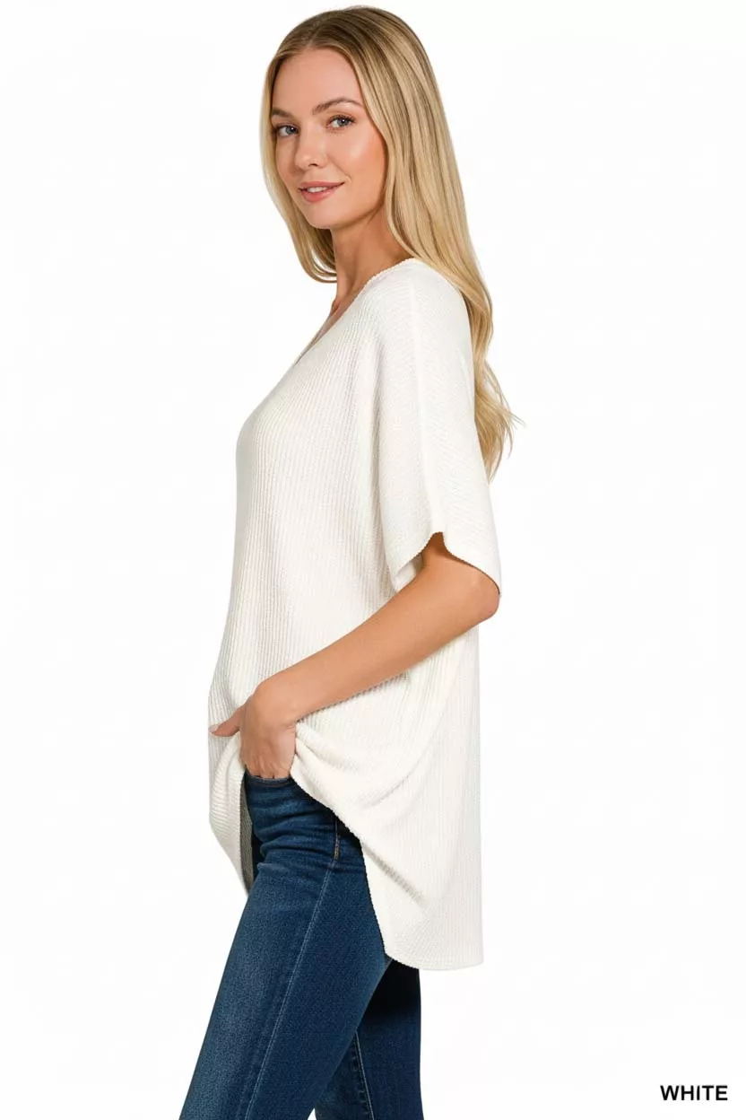 Raised Rib V-Neck Batwing Top, image 3