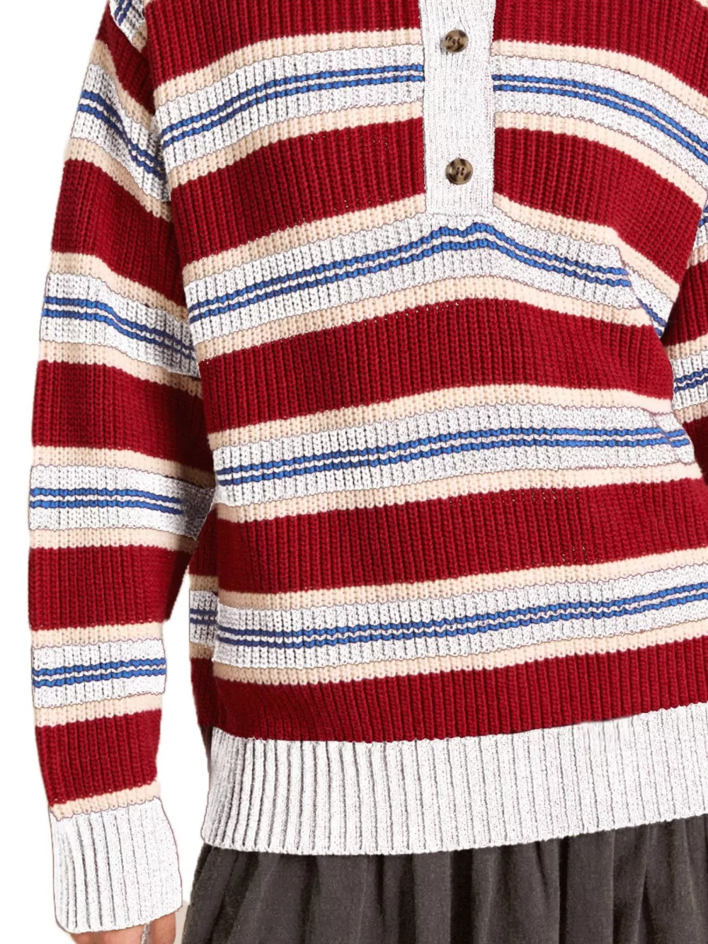 Striped Button Detail Polo Collar Sweater, image 13