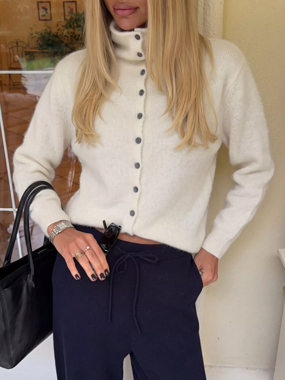 Mock Neck Button-Down Fuzzy Knit Cardigan, image 12