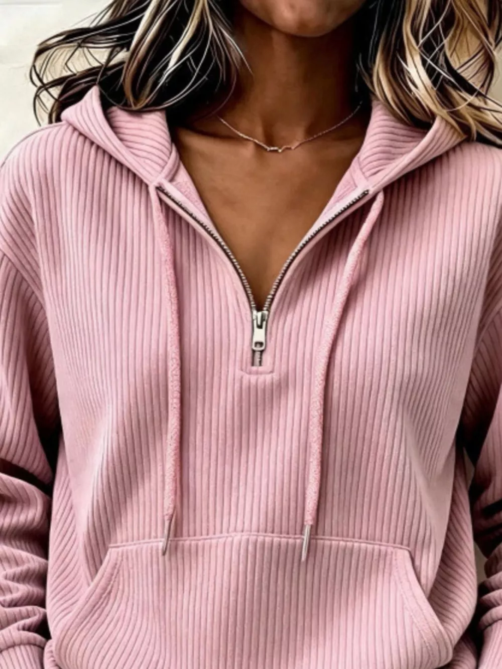 Ribbed Knit Quarter-Zip Hoodie, image 2