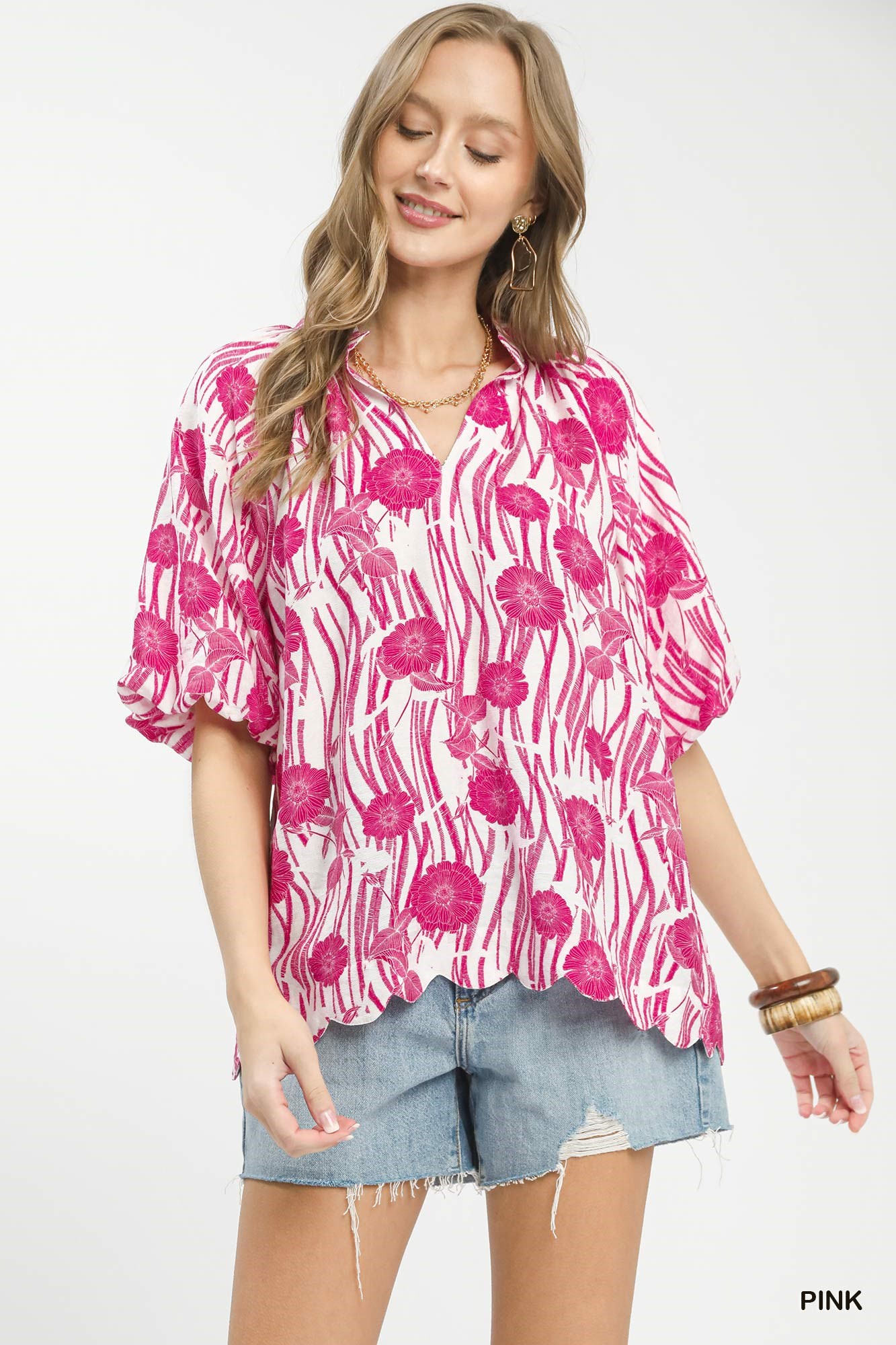 Floral Scalloped Edge Puff Sleeve Blouse with High-Low Curved Hem
