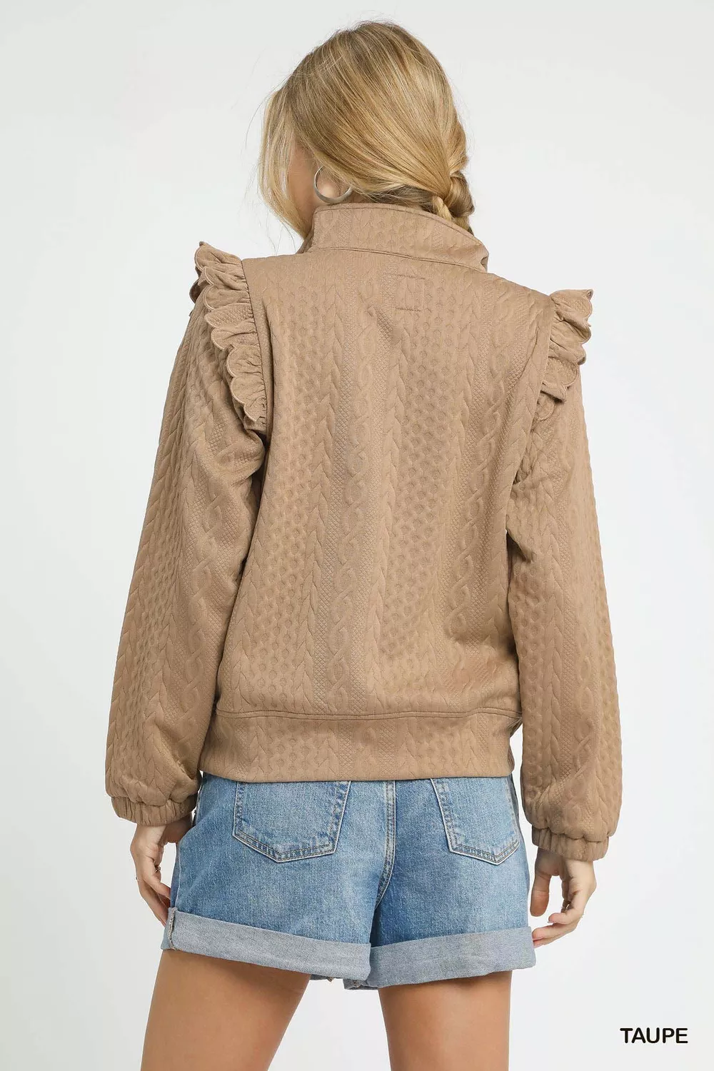 Cable Knit Textured Pullover with Ruffle Shoulders, image 5
