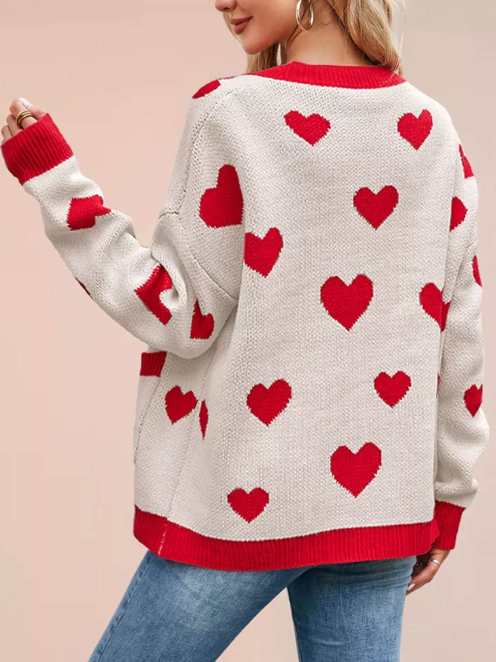 Heart Pattern V-Neck Button-Down Knit Cardigan, image 7