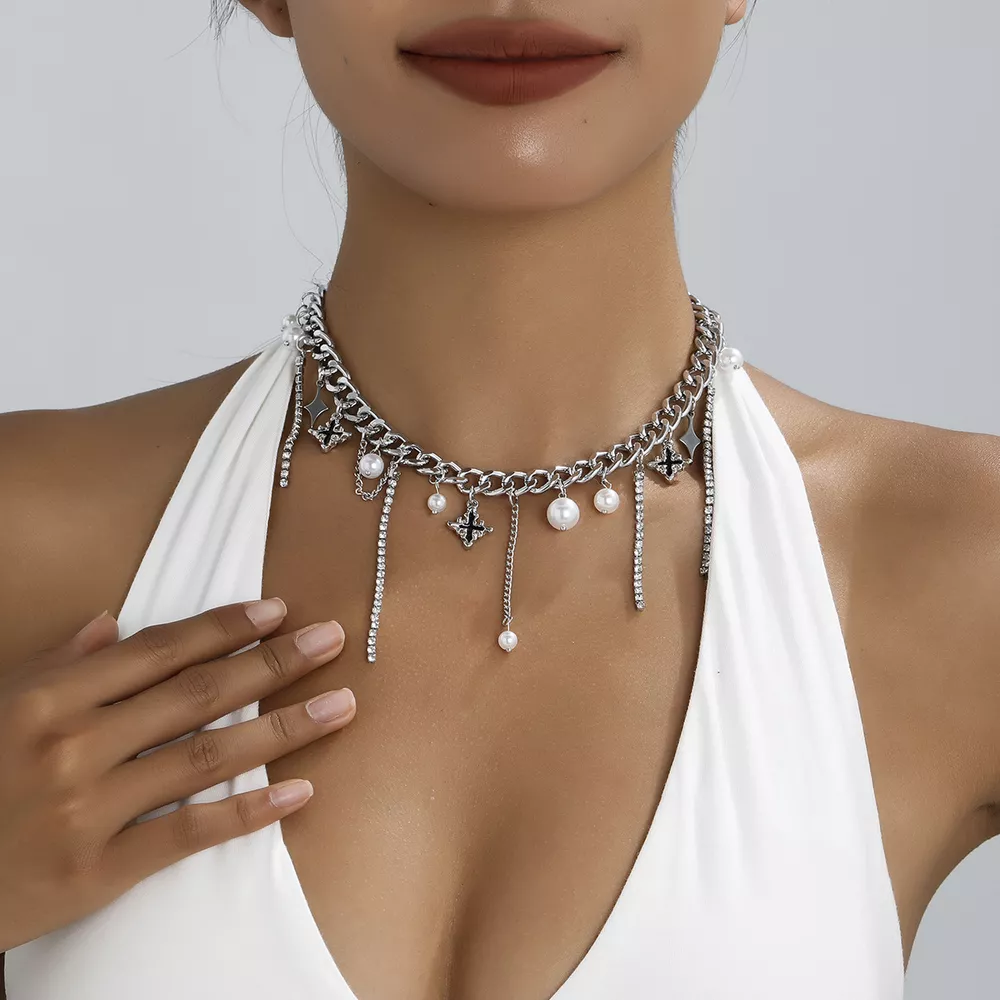 Tassel Star‑Moon Synthetic Pearl Pendant Choker, image 3