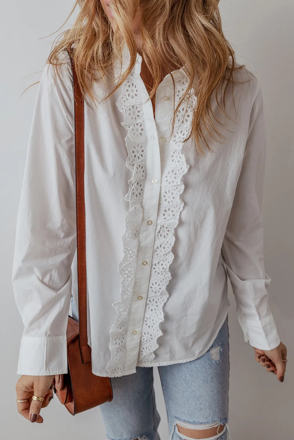 Eyelet Button Down Long Sleeve Shirt, image 3
