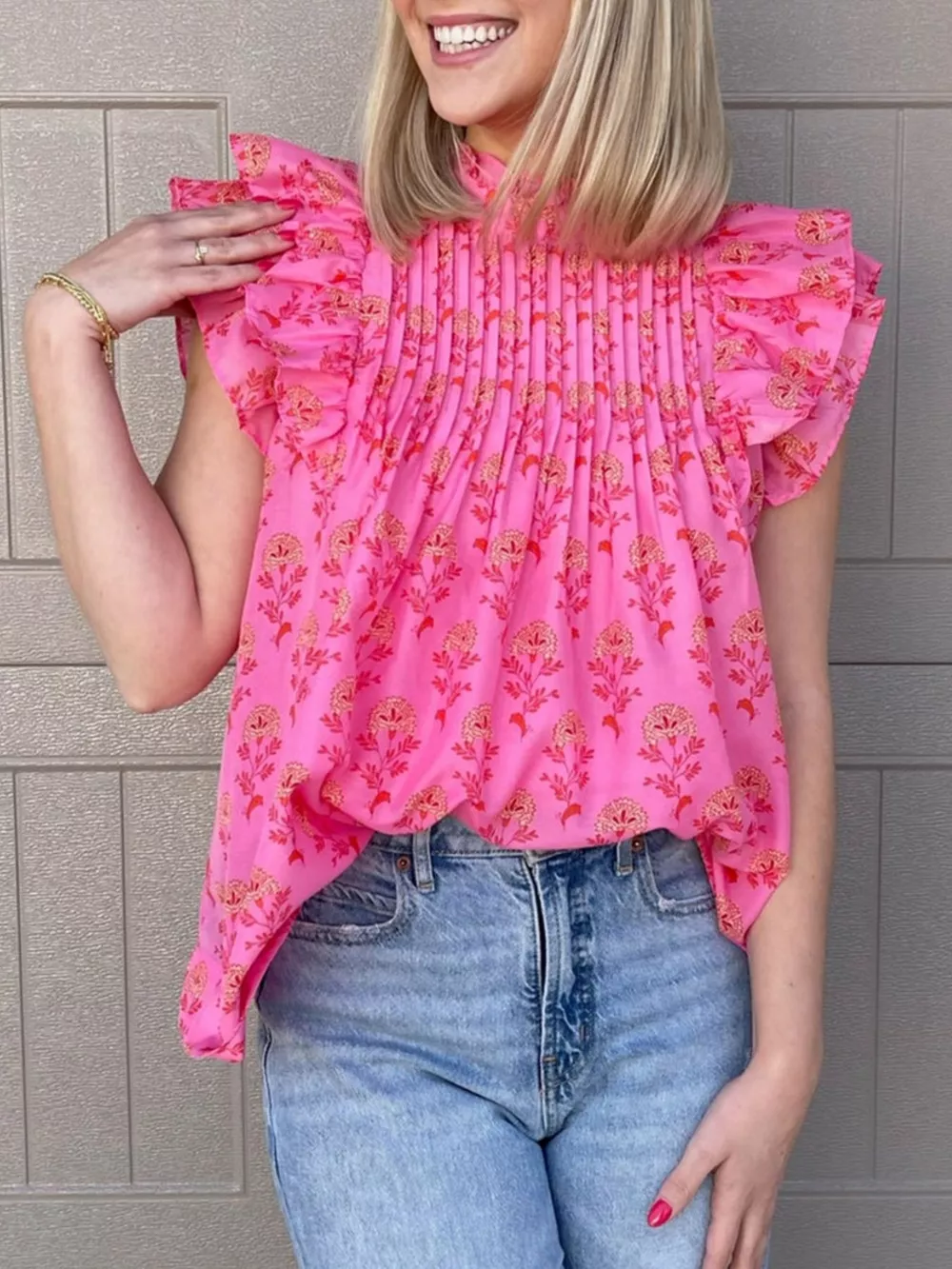 Floral Print Pleated Ruffled Flutter Sleeve Blouse, image 5