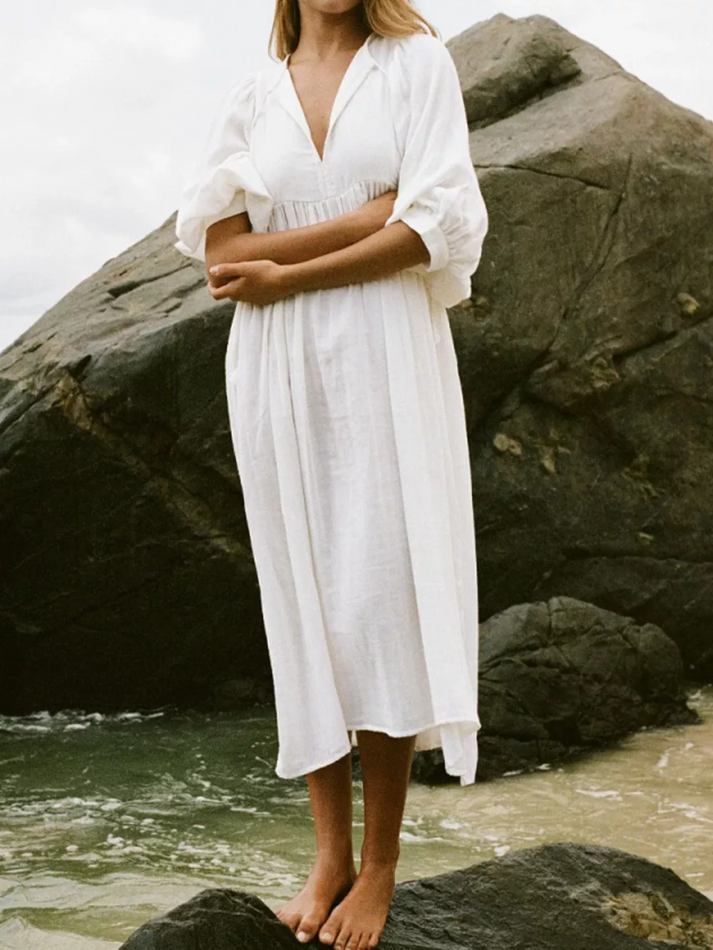 Tie Neck 3/4 Sleeve Midi Dress, image 3