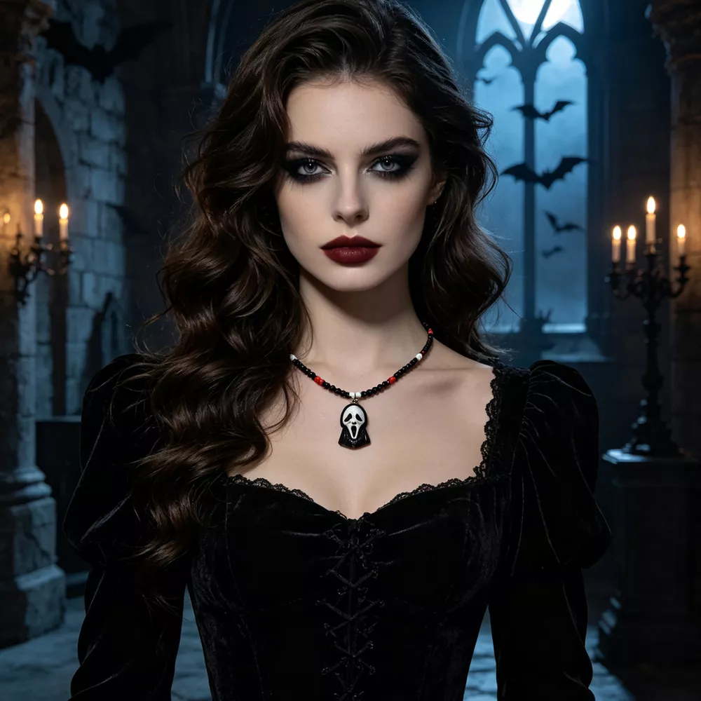 Gothic Horror Scream Mask Beaded Pendant Necklace