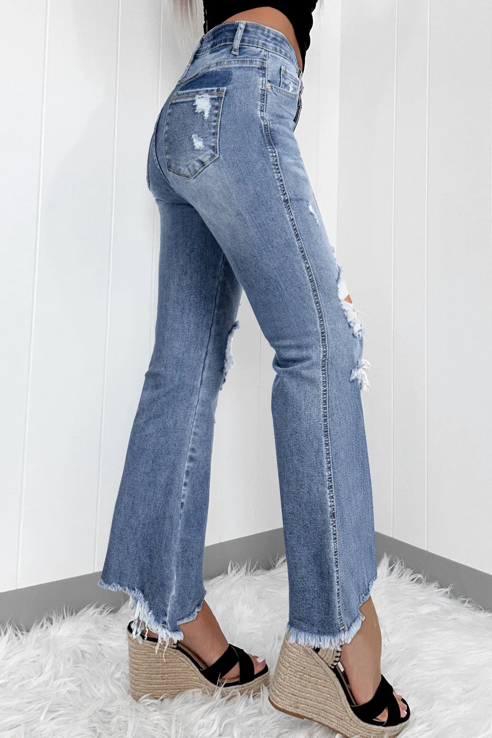 Distressed Raw Hem Bootcut Jeans, image 2