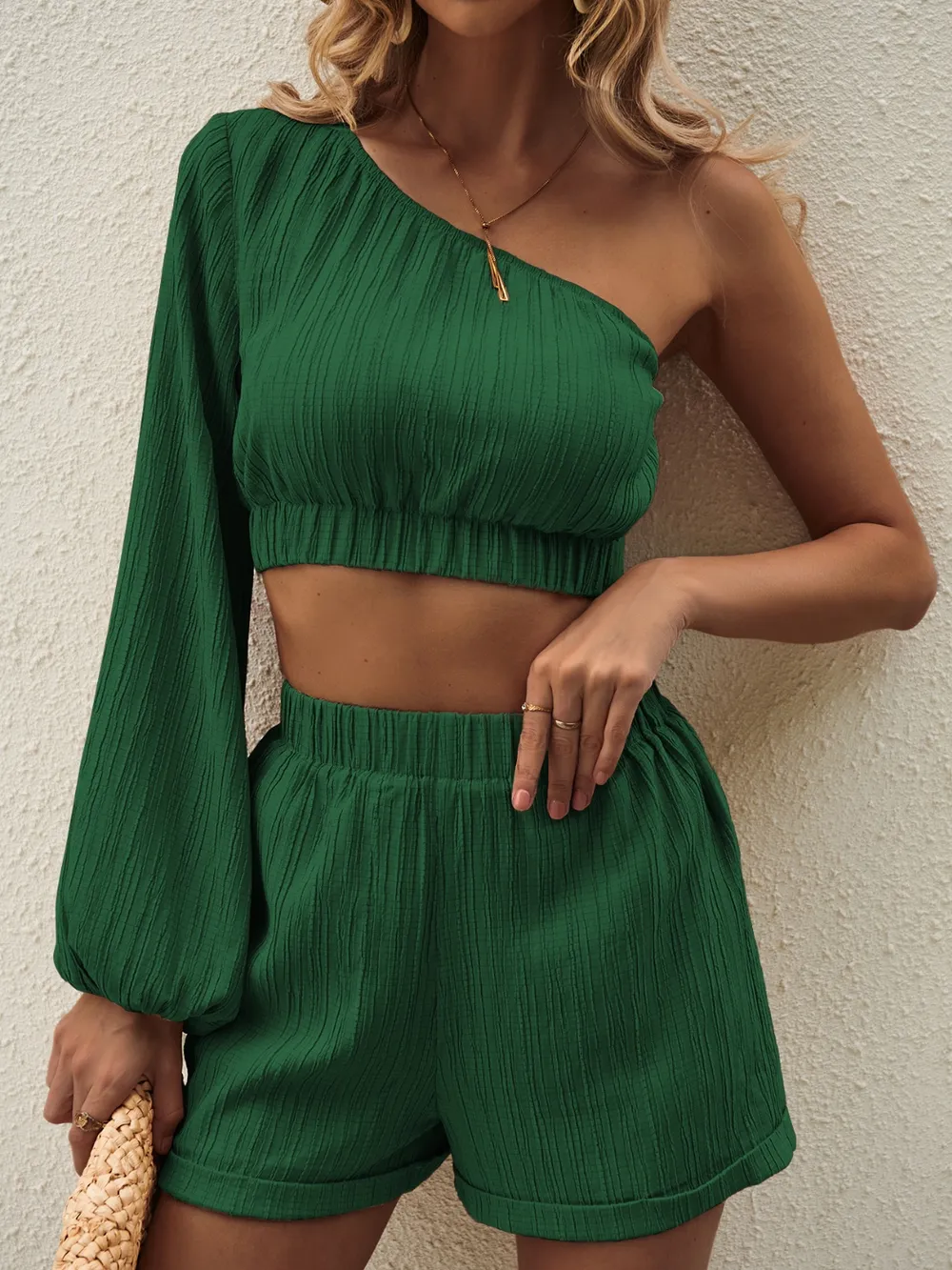 One Shoulder Long Sleeve Top and Shorts Set, image 9