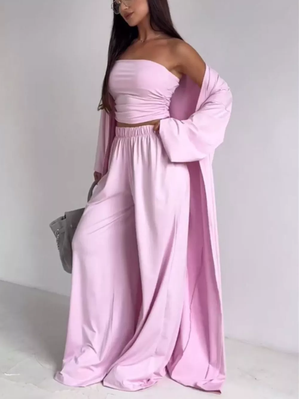 Tube Top & Cardigan & Wide Leg Pants 3-Piece Set