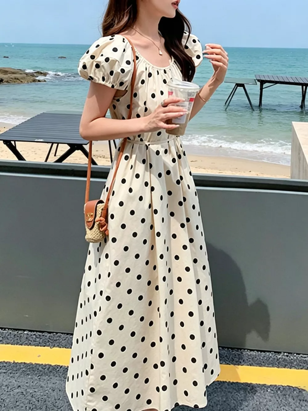 Polka Dot Puff Sleeve Midi Dress, image 5