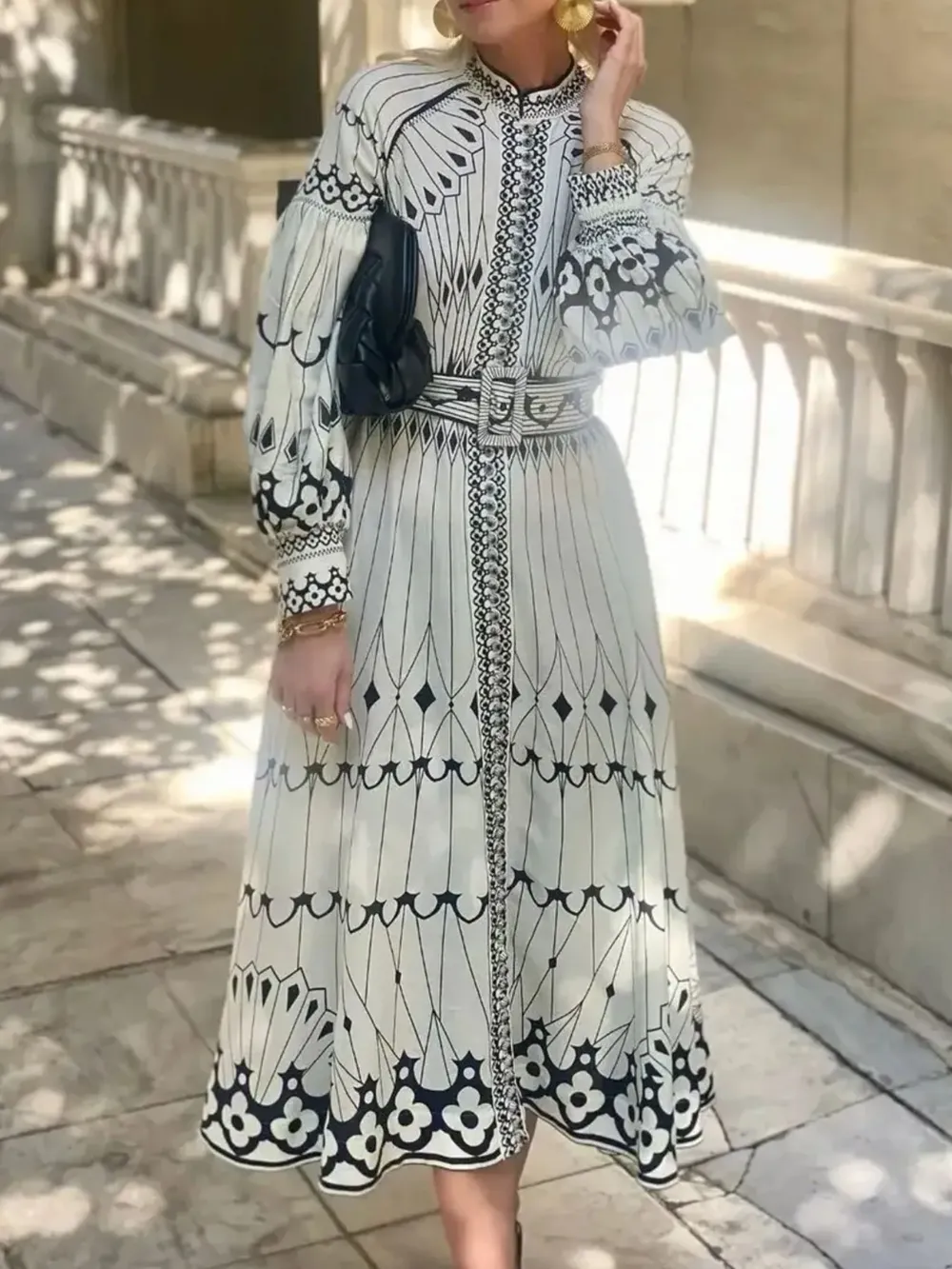 Printed Long Sleeve Shirt Dress with Belt, image 2