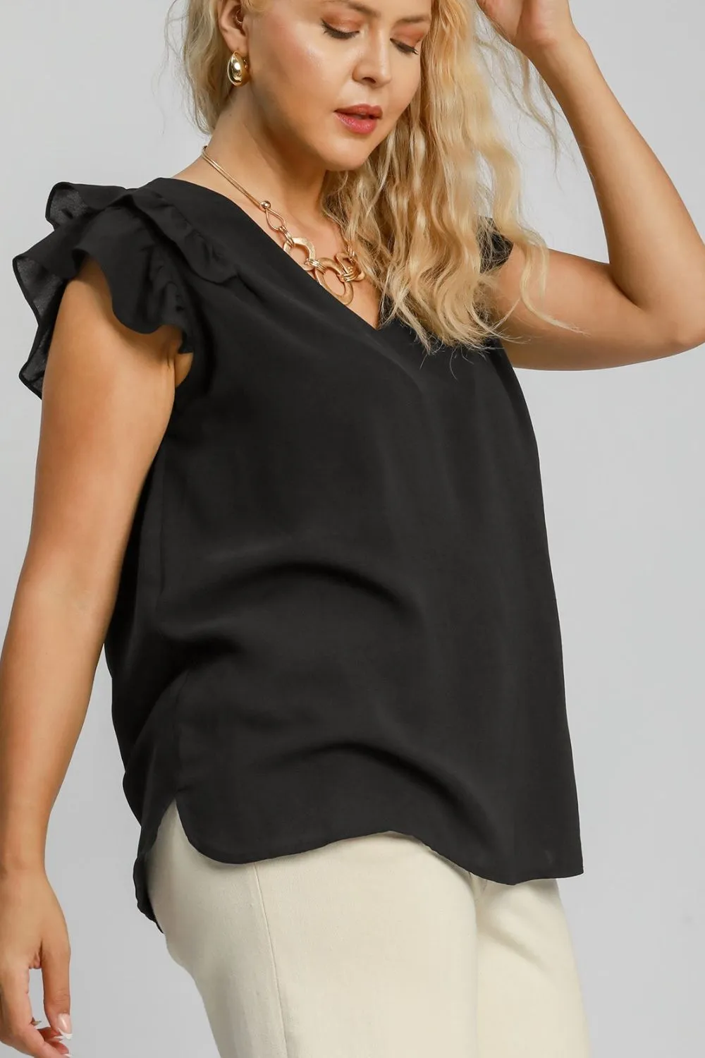 Full Size V-Neck Double Layered Ruffle Sleeve Blouse Plus Size, image 3