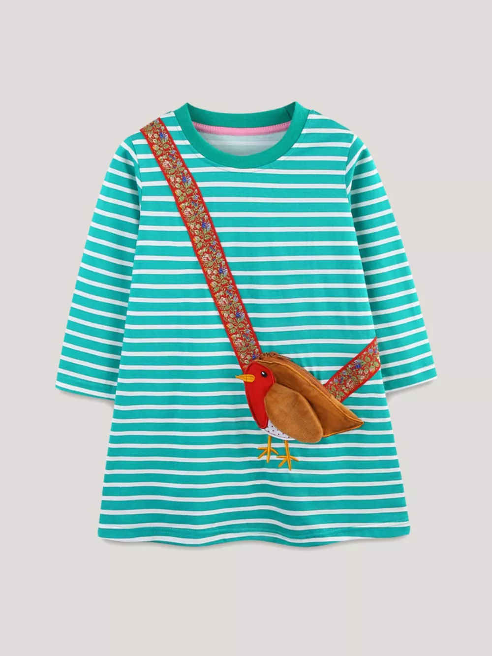 Children's Striped Bird Applique Long Sleeve Dress, image 2