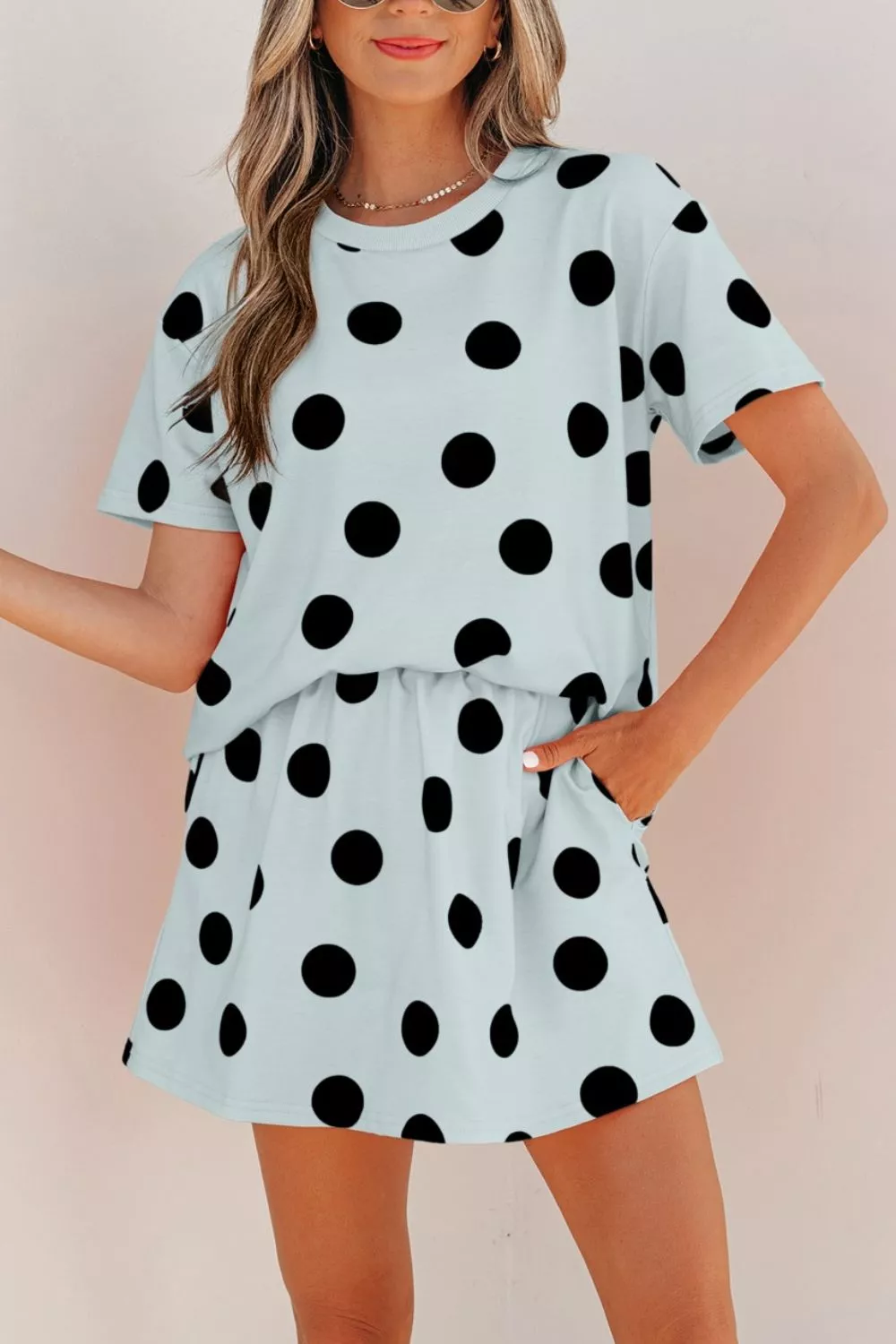 Polka Dot Short Sleeve Top Casual Skort 2pcs Outfit, image 2
