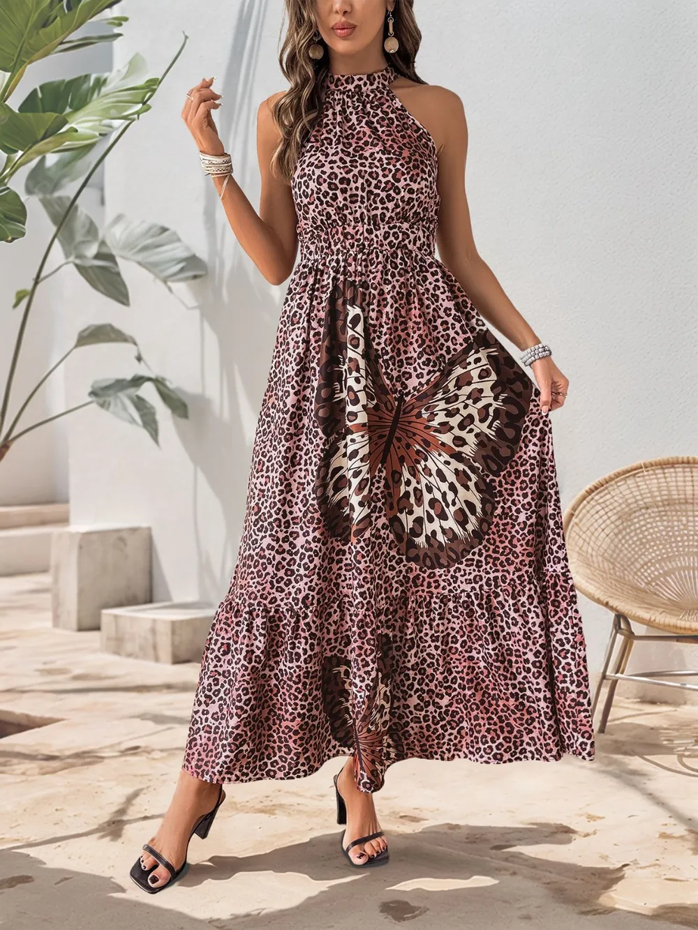 Butterfly Leopard Grecian Neck Maxi Dress