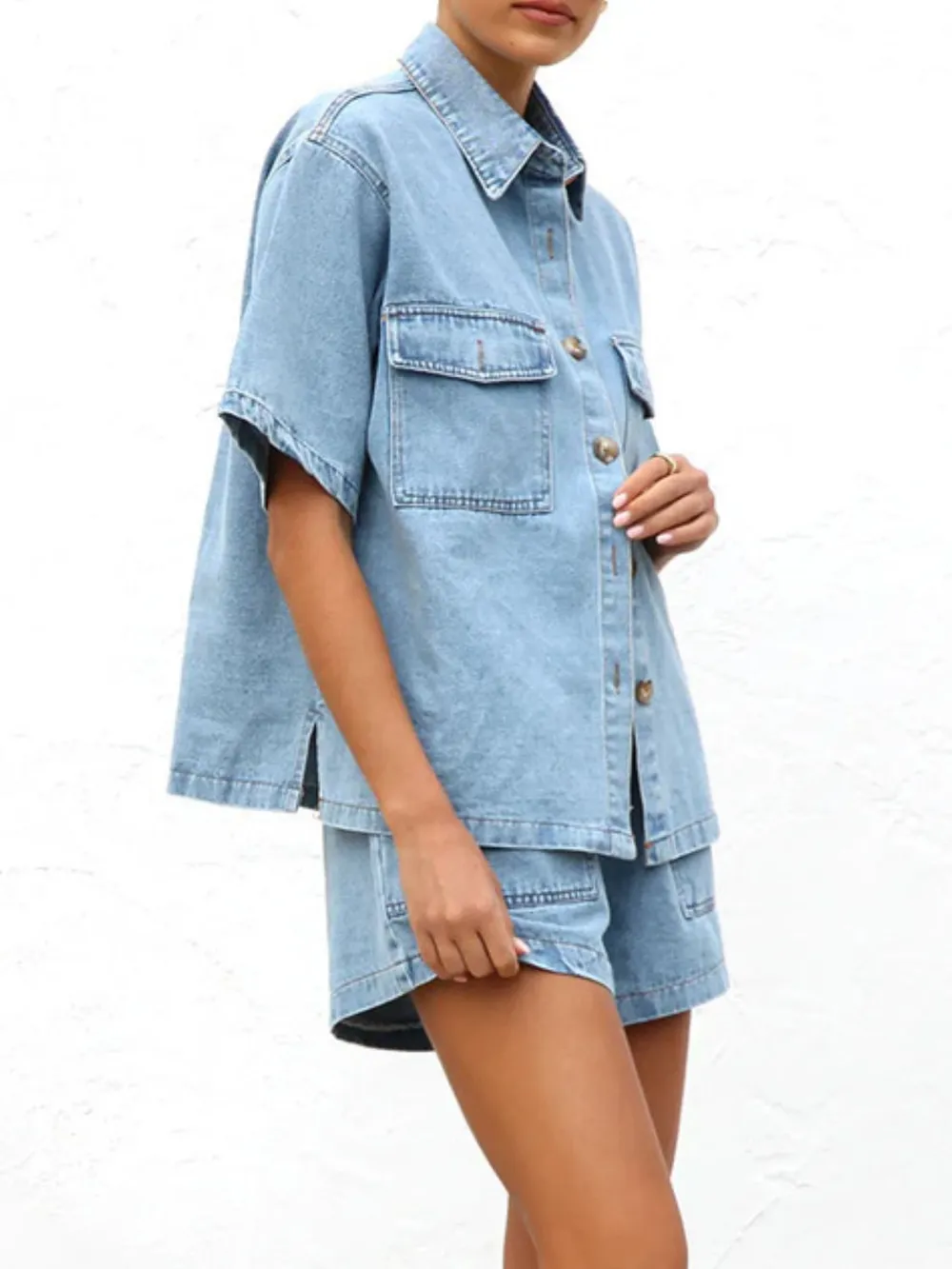 Button Up Short Sleeve Top and Shorts Denim Set, image 5