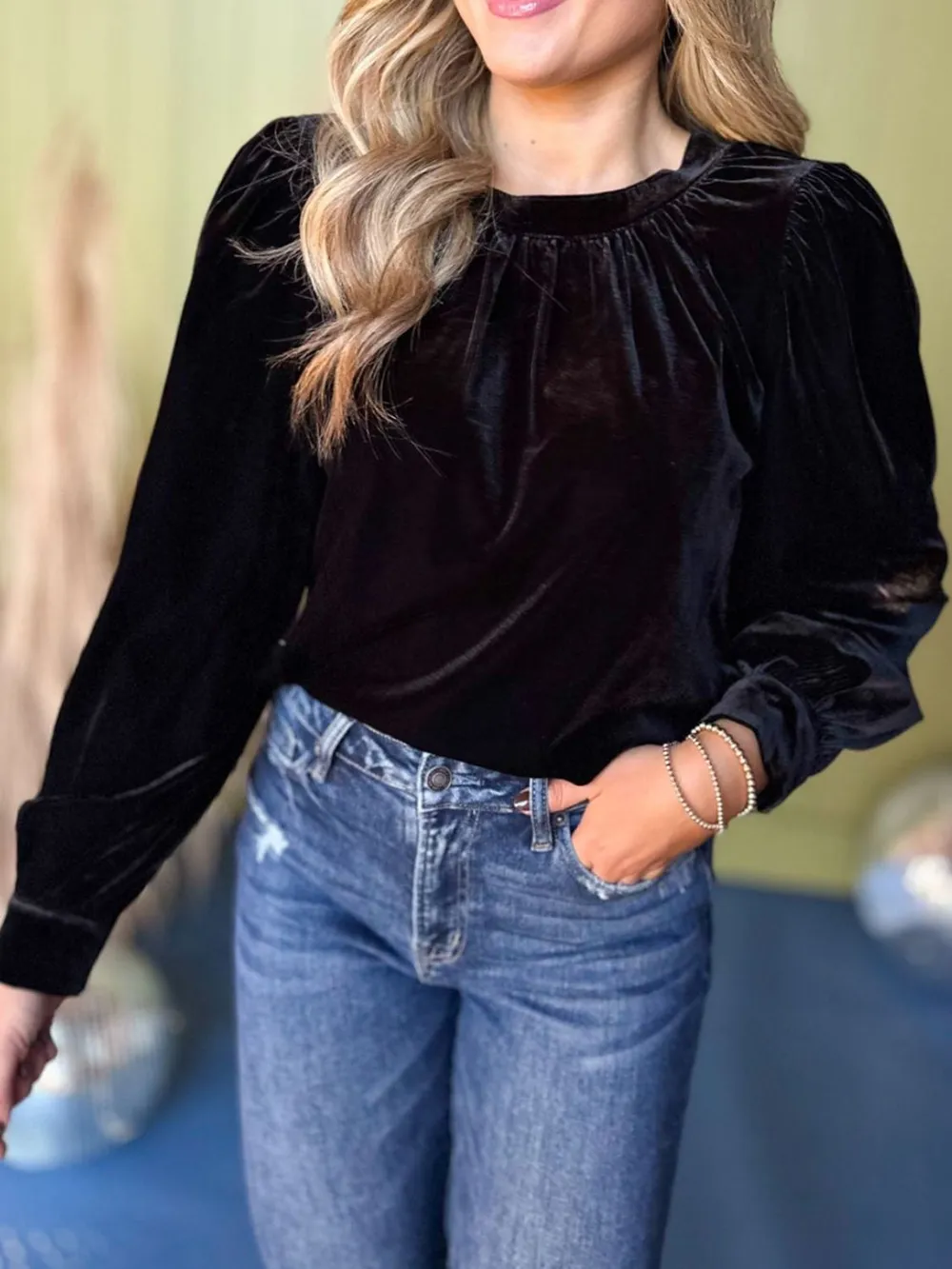Ruched Round Neck Long Sleeve Blouse, image 9