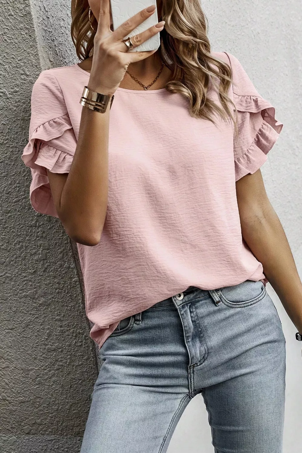 Solid Color Ruffle Trim Short Sleeve Blouse, image 6