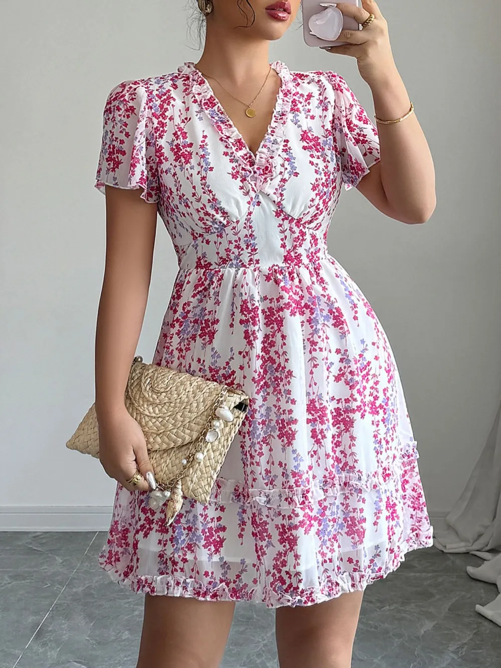 Floral Wrap Dress with Flutter Sleeves, image 4