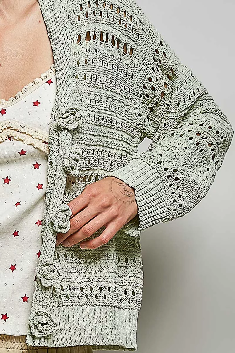 Open-Knit Floral Button Cardigan, image 6