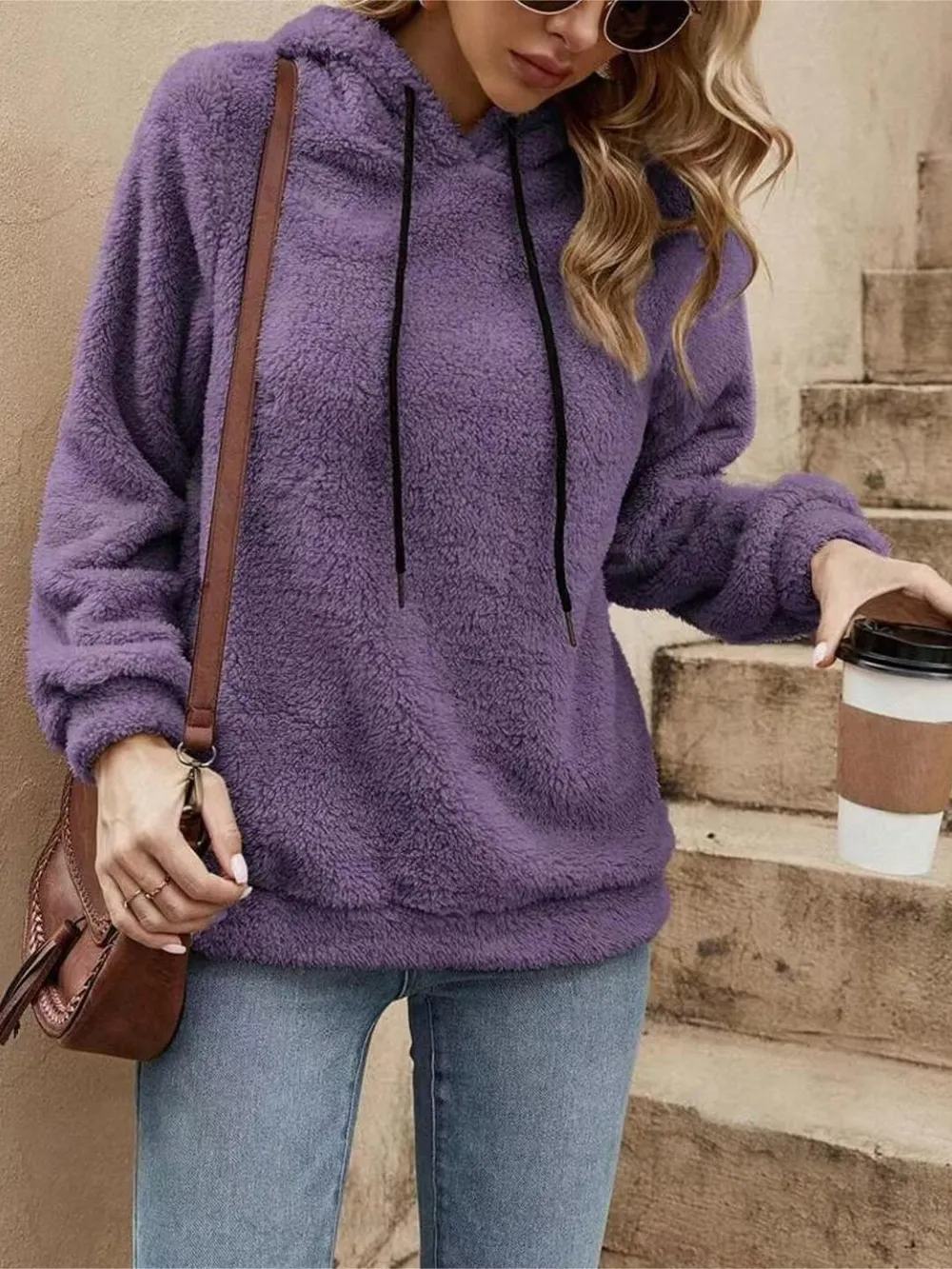Drawstring Long Sleeve Fuzzy Hoodie, image 4