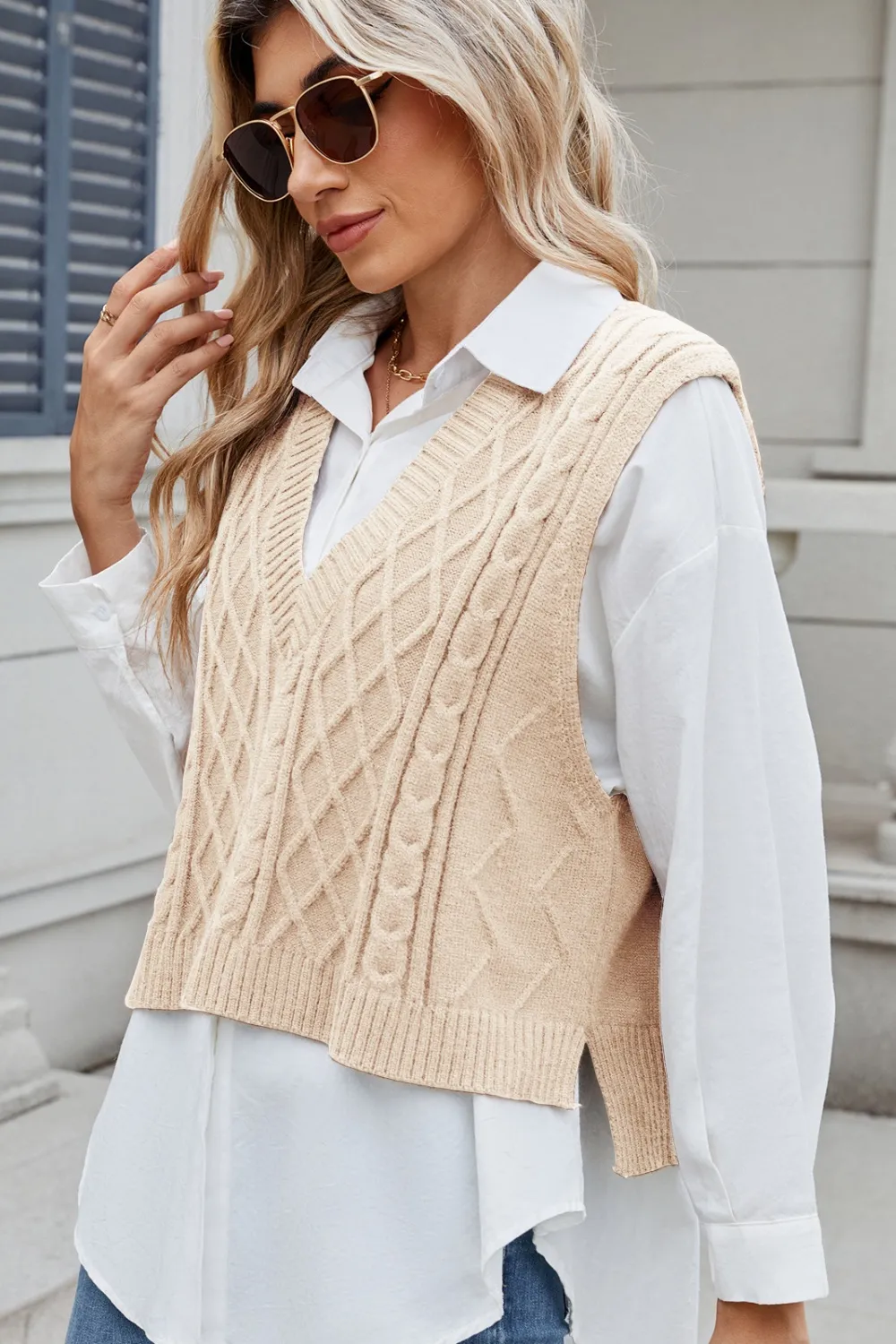 Cable-Knit V-Neck Sweater Vest, image 6