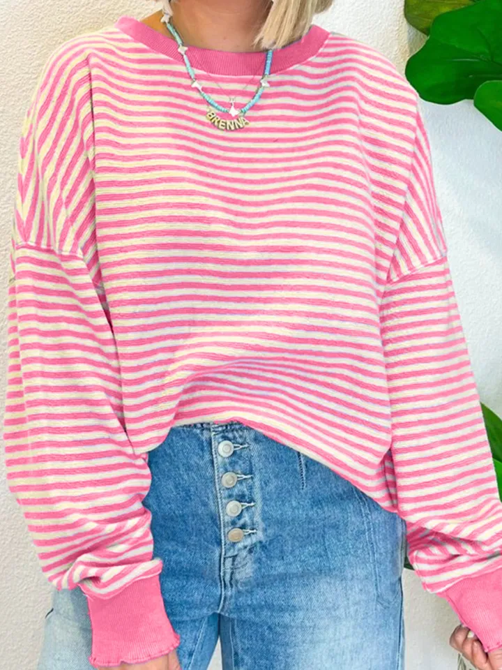 Striped Round Neck Long Sleeve Sweatshirt, image 10