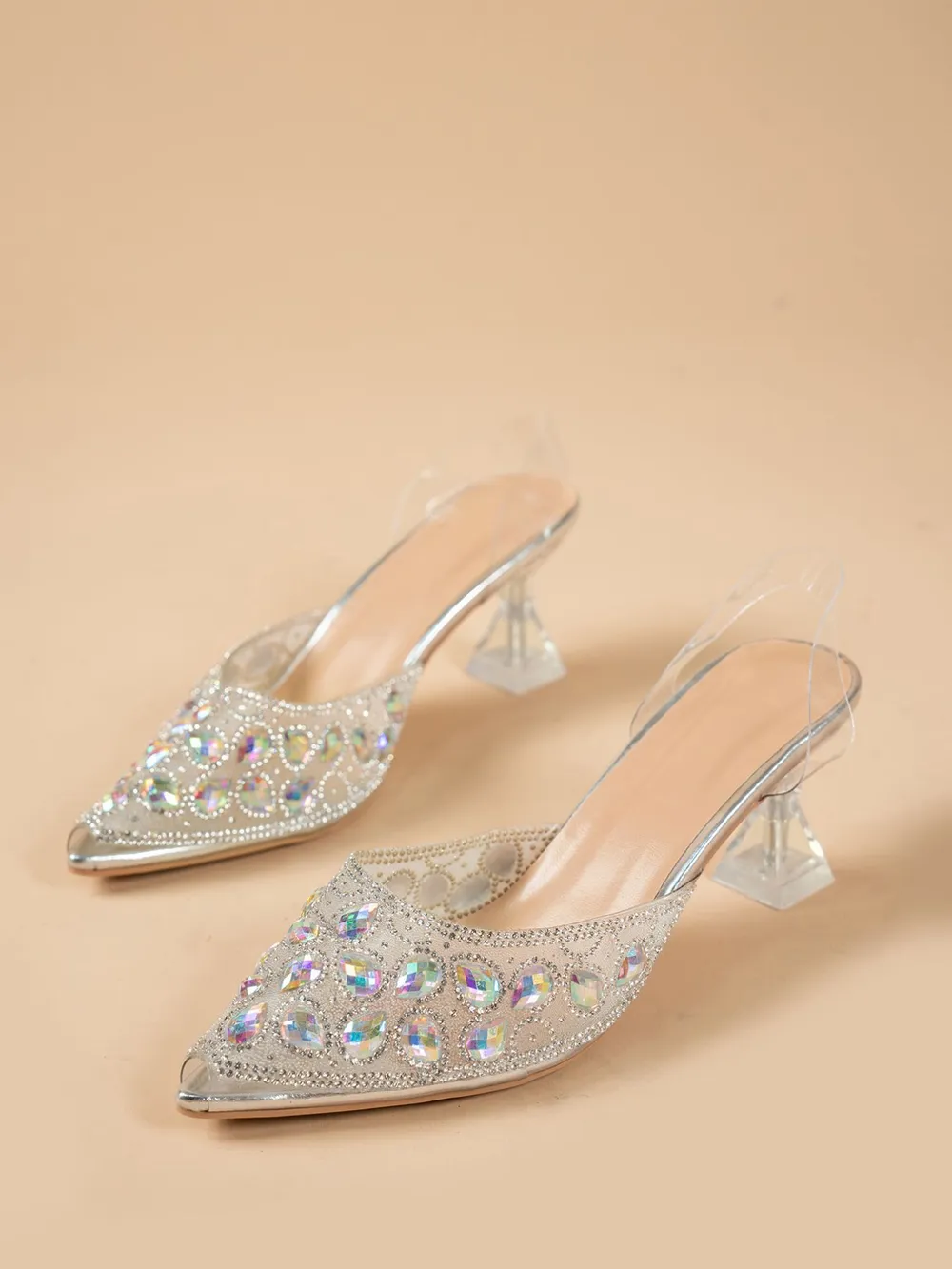 Rhinestone Point Toe Flare Heel Sandals, image 2
