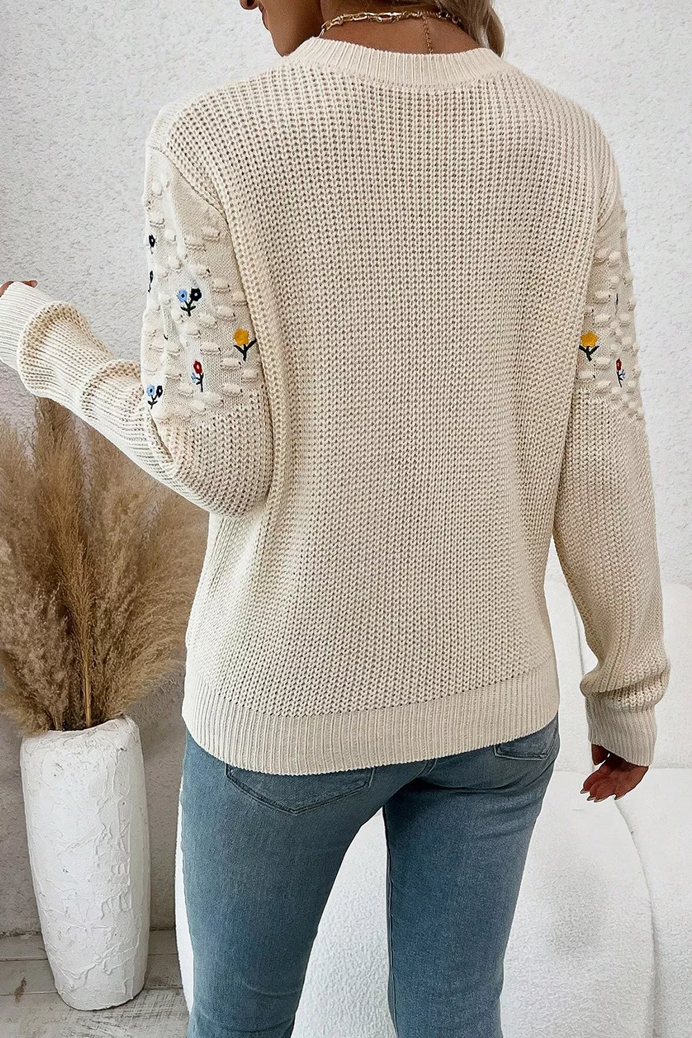 Floral Round Neck Dropped Shoulder Sweater, image 3