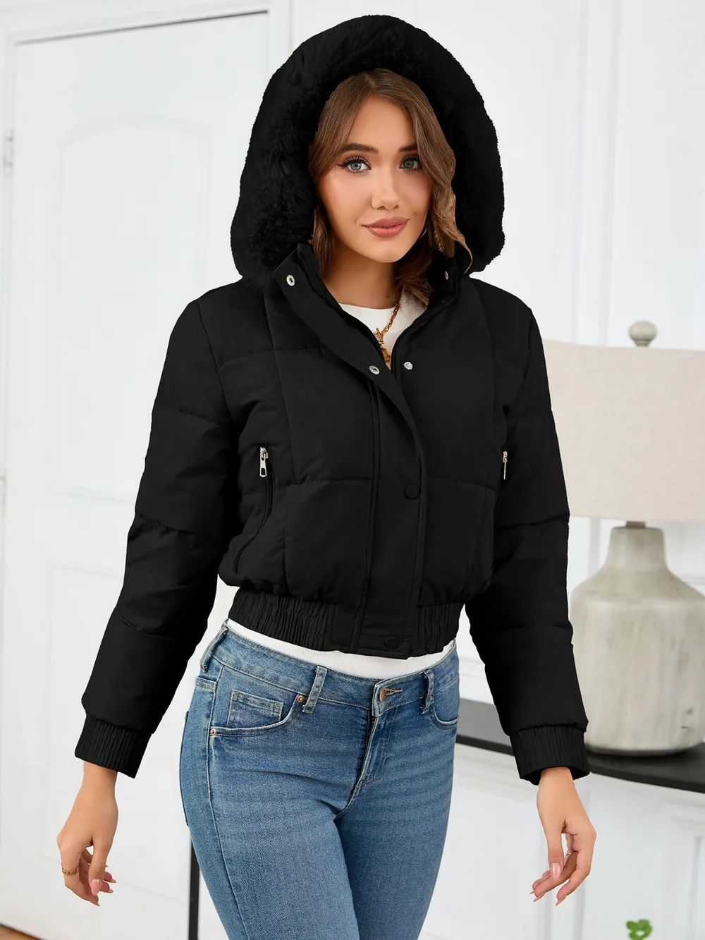 Pocketed Long Sleeve Cropped Hooded Winter Coat, image 17