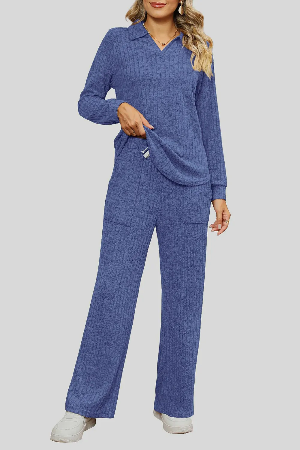 Ribbed Long Sleeve Top and Pocketed Pants Set, image 20